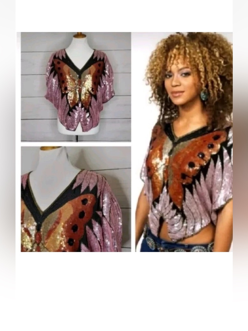 Vintage Butterfly Top 100% Silk Hand Beaded Sequin Blouse Pink Bronze Eve